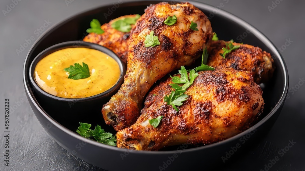 Closeup of Egyptian fried chicken, with a cumin and coriander spice mix, served with tahini dipping sauce Closeup of Egyptian fried chicken, with a cumin and coriander spice mix, served with tahini dipping sauce