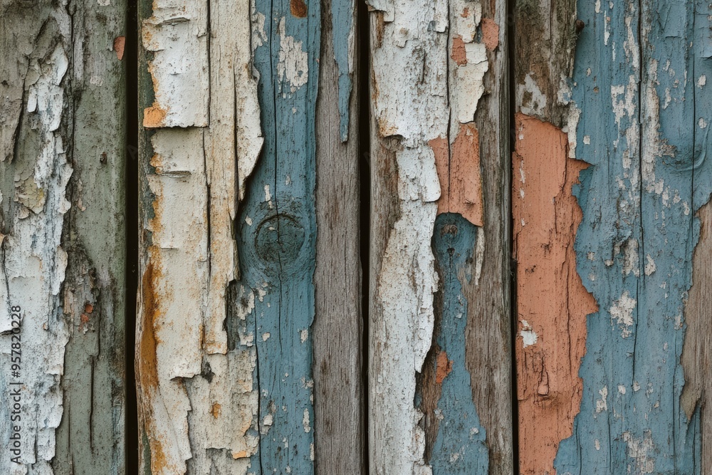 Texture of weathered wood with peeling paint in a forest Texture of weathered wood with peeling paint in a forest