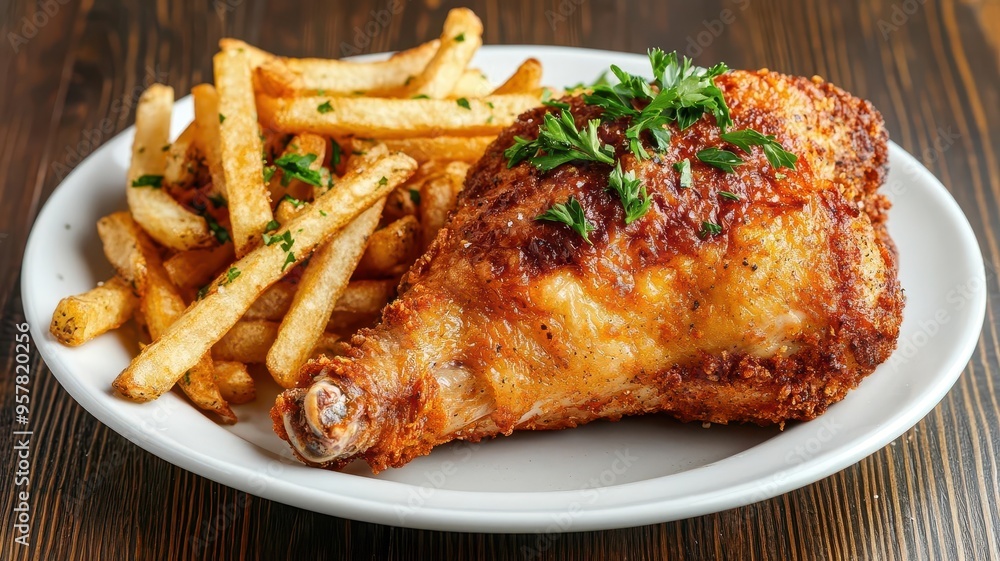 Frenchstyle poulet frit, with herbs de Provence crust and a side of pommes frites, garnished with parsley Frenchstyle poulet frit, with herbs de Provence crust and a side of pommes frites, garnished with parsley