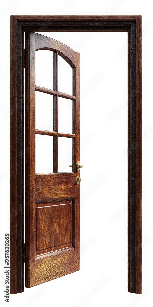 Elegant wooden door in an open position, showcasing craftsmanship with a classic design and inviting entrance. Elegant wooden door in an open position, showcasing craftsmanship with a classic design and inviting entrance.