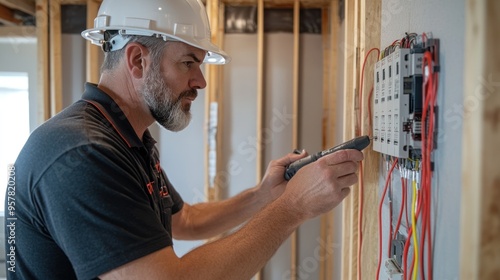 An electrical system inspection in a newly built home, featuring an inspector using tools to test circuit breakers, outlets, and wiring for safety and compliance