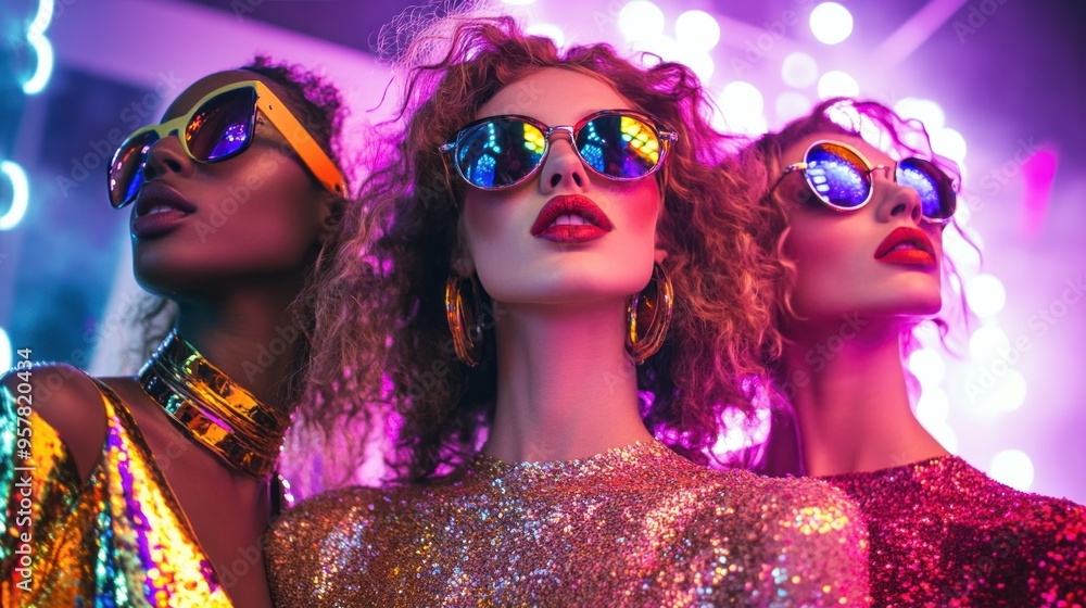 Obraz premium An energetic disco fashion scene with models wearing glittery outfits, sequins, and bold makeup, under vibrant disco lights