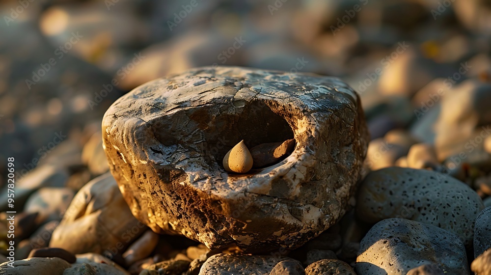 A stone with a little thing nestled in the interior and a different small object lying at the core of the rock A stone with a little thing nestled in the interior and a different small object lying at the core of the rock