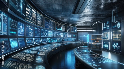 An energy control center overseeing distributed energy resource operations, screens filled with data analytics,