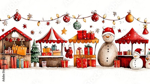 Christmas market, with festive stalls and lights, holiday shopping, Watercolor style