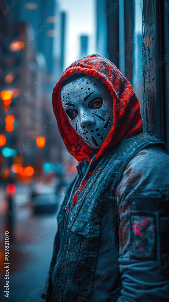 A man in a red hoodie and mask stands in front of a building. The image has a dark and eerie mood, with the man's face and the hoodie's red color creating a sense of danger and mystery A man in a red hoodie and mask stands in front of a building. The image has a dark and eerie mood, with the man's face and the hoodie's red color creating a sense of danger and mystery