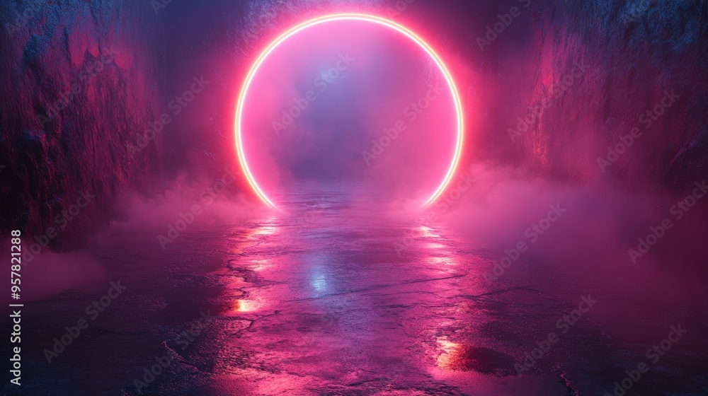 3D render of an abstract neon background with colorful rounded shapes and floor reflection in a dark room. 3D render of an abstract neon background with colorful rounded shapes and floor reflection in a dark room.