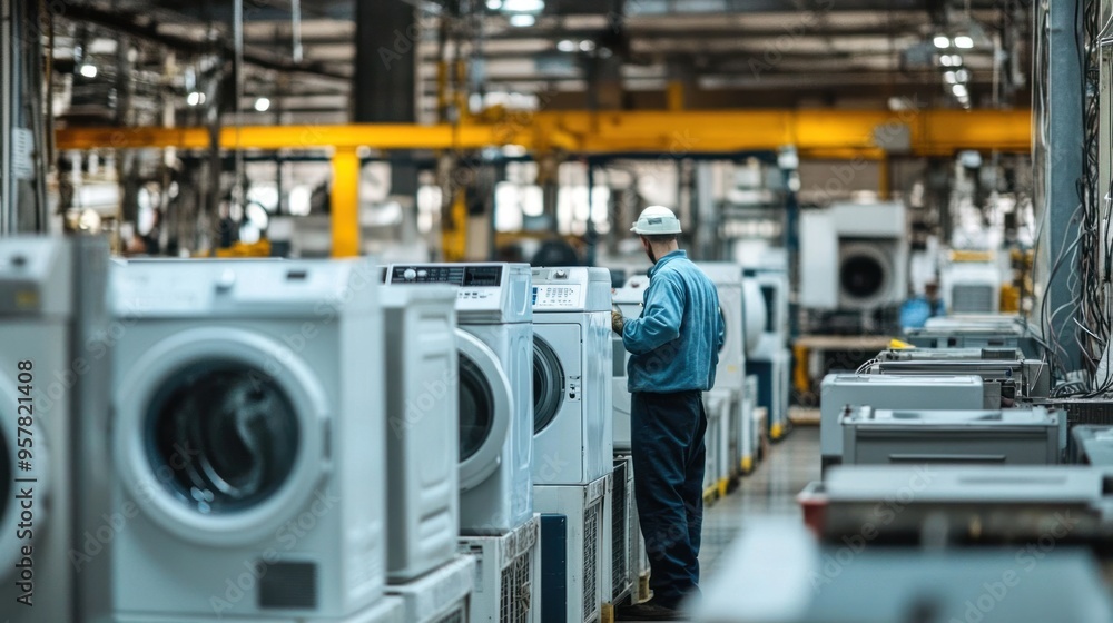 Appliance recycling center, focusing on large home appliances like washing machines and dryers being sorted and processed for recycling, detailed machinery, active workers - Appliance recycling center, focusing on large home appliances like washing machines and dryers being sorted and processed for recycling, detailed machinery, active workers -