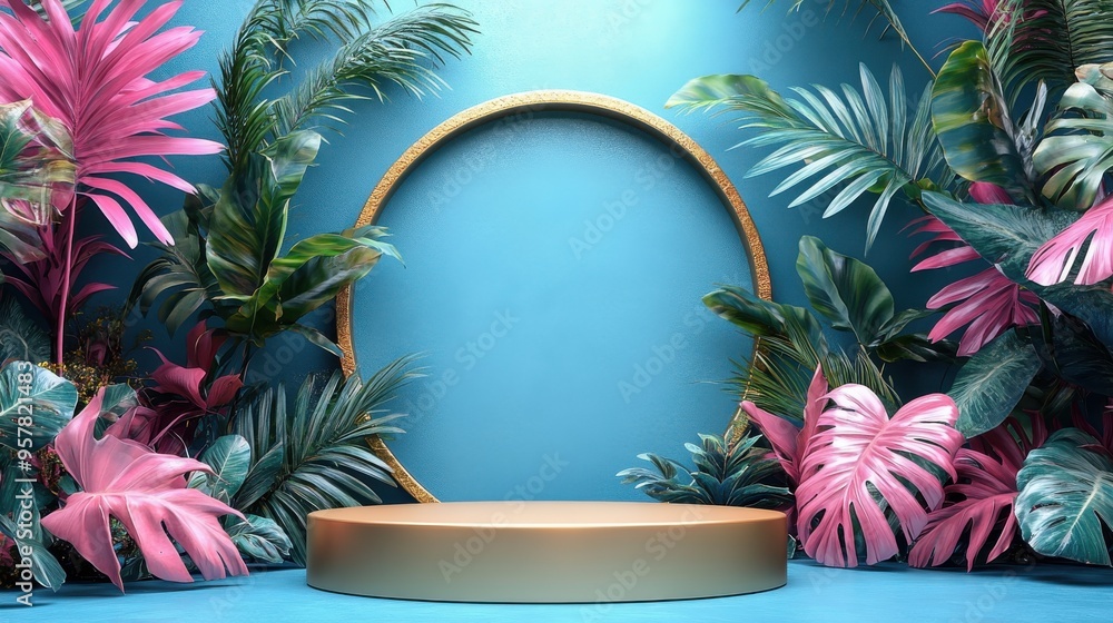 3D render of a pastel blue background with a rounded pink board, a golden frame, and a yellow podium decorated with colorful tropical leaves for modern product presentation. 3D render of a pastel blue background with a rounded pink board, a golden frame, and a yellow podium decorated with colorful tropical leaves for modern product presentation.