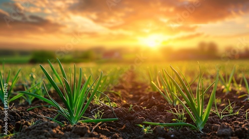 07240954 211. White onion growing in the field, bathed in the warm glow of a beautiful sunset, with the sky painted in hues of orange and pink, highlighting the lush green leaves and fertile soil