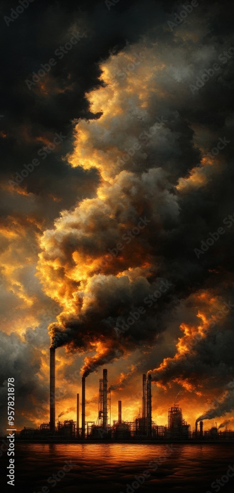 Obraz premium A dramatic industrial scene featuring smokestacks releasing dark clouds against a fiery sunset sky.