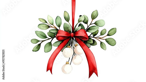 Watercolor mistletoe bunch tied with a red ribbon, ready to be hung, watercolor Christmas clipart, mistletoe decoration photo