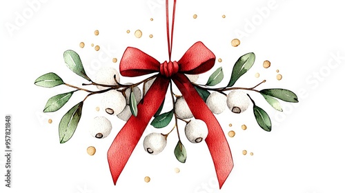 Watercolor mistletoe bunch tied with a red ribbon, ready to be hung, watercolor Christmas clipart, mistletoe decoration