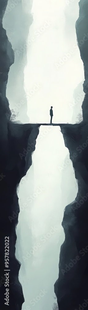 A lone figure stands on a narrow bridge, gazing into a misty chasm, symbolizing solitude and introspection in a serene landscape. A lone figure stands on a narrow bridge, gazing into a misty chasm, symbolizing solitude and introspection in a serene landscape.