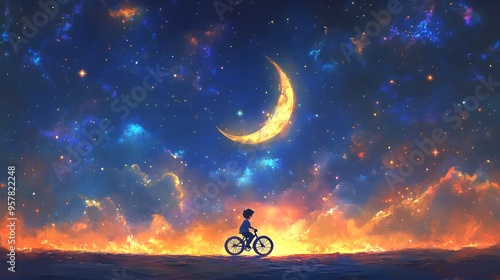 A Little Rider s Nocturnal Adventure Gazing at the Crescent Moon in the Serene Night Sky photo