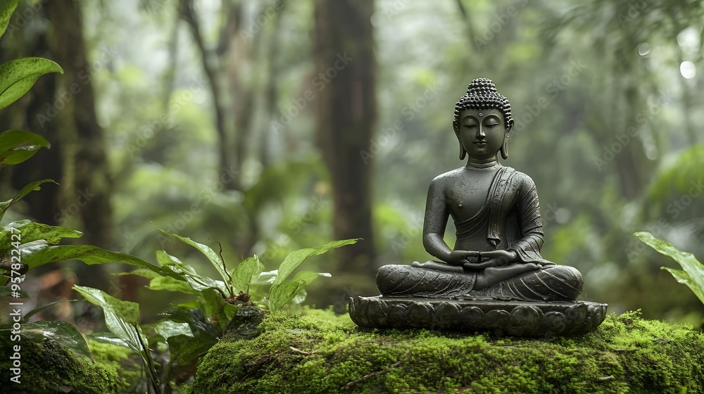 A tranquil Buddha statue sitting on a mossy platform, surrounded by the gentle sounds of the rainforest A tranquil Buddha statue sitting on a mossy platform, surrounded by the gentle sounds of the rainforest
