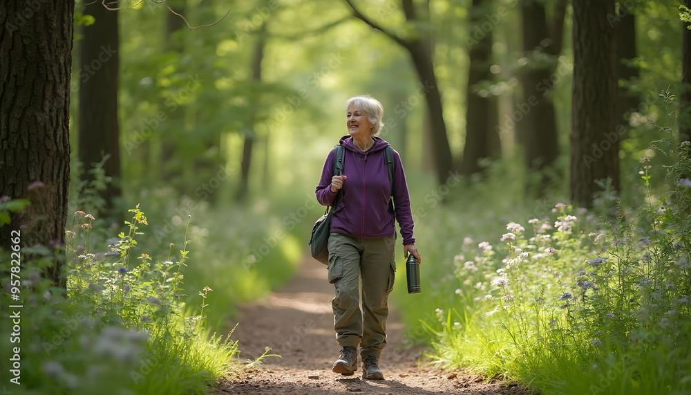 Obraz premium Senior Woman Hiking Through a Peaceful Forest Trail