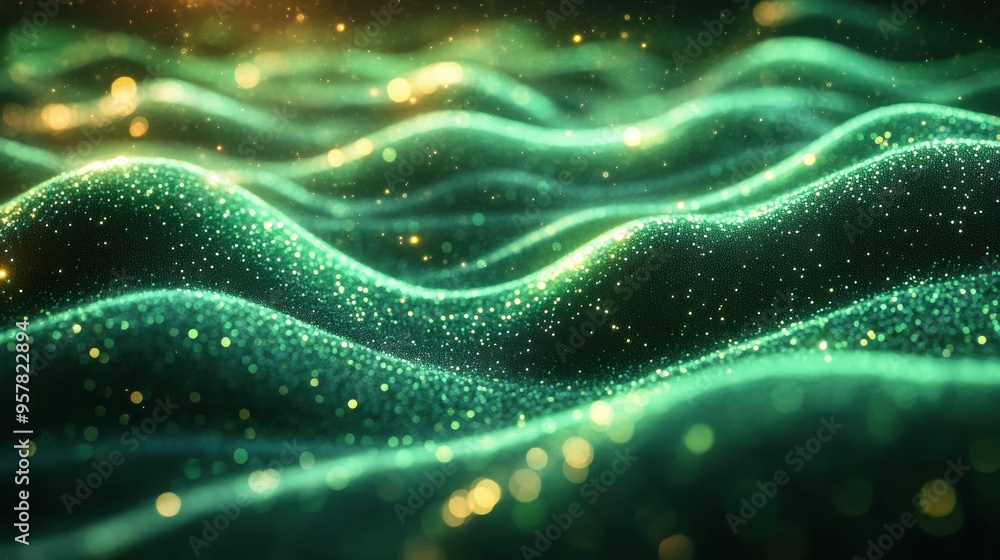 3D render of abstract wavy green neon lines isolated on a black background with unfocused blurry bokeh lights. 3D render of abstract wavy green neon lines isolated on a black background with unfocused blurry bokeh lights.