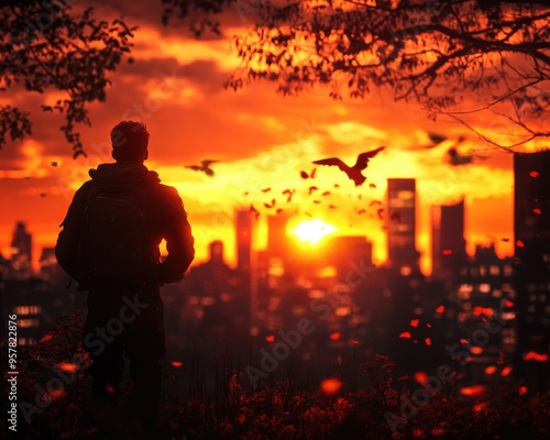 A serene silhouette of a person enjoying a sunset in an urban landscape, surrounded by flying birds and vibrant colors.