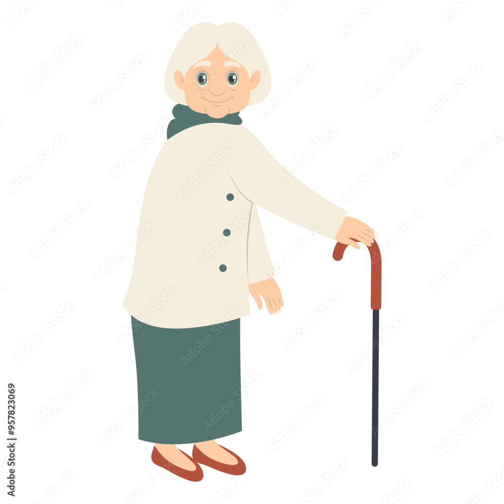 Old Person Cartoon Character with Stick. Flat Vector Illustration Isolated on White Background Old Person Cartoon Character with Stick. Flat Vector Illustration Isolated on White Background