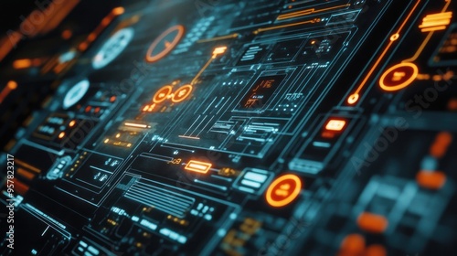 A close-up of a digital interface showing an attempted cyber-attack on the electrical grid, warning alerts flashing,