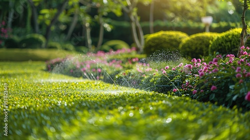 07240954 244. An automatic sprinkler system irrigating a perfectly manicured green lawn, with water jets arching through the air and a backdrop of a beautifully landscaped garden, highlighting the photo