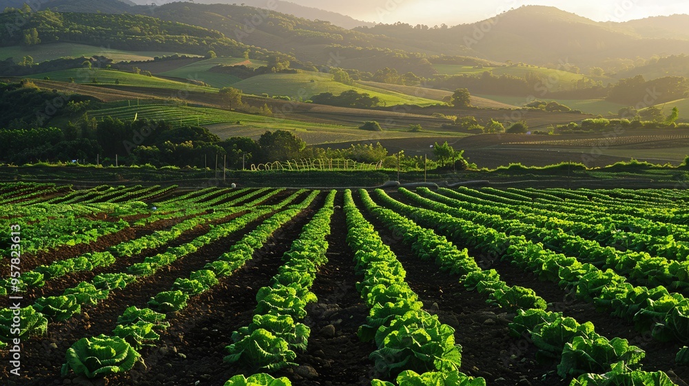 07240954 247. The first light of dawn breaking over lush green fields of succulent crops in the countryside, casting a warm glow on the vibrant, leafy plants and the gently rolling hills in the 07240954 247. The first light of dawn breaking over lush green fields of succulent crops in the countryside, casting a warm glow on the vibrant, leafy plants and the gently rolling hills in the