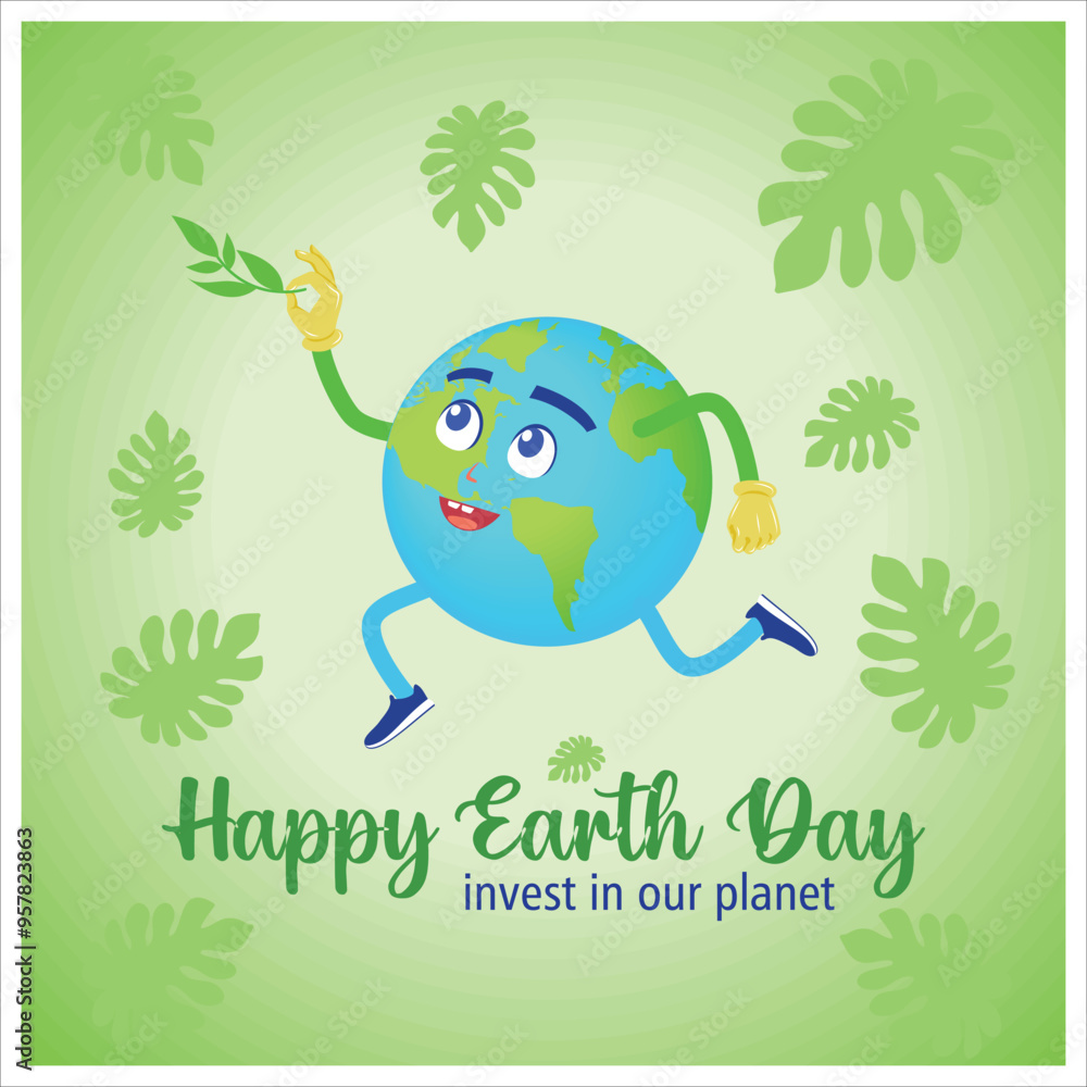 Fototapeta premium Planet Earth with plants. Love nature and protect the environment. Earth Day concept. Flat vector illustration.