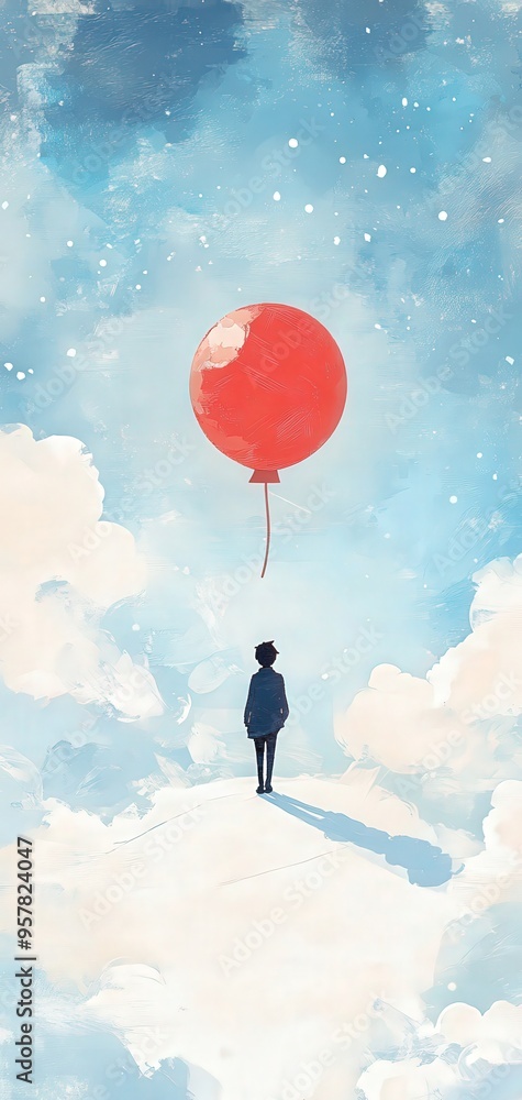 A whimsical scene featuring a child holding a red balloon, surrounded by fluffy clouds and a bright blue sky. Dreamy atmosphere. A whimsical scene featuring a child holding a red balloon, surrounded by fluffy clouds and a bright blue sky. Dreamy atmosphere.