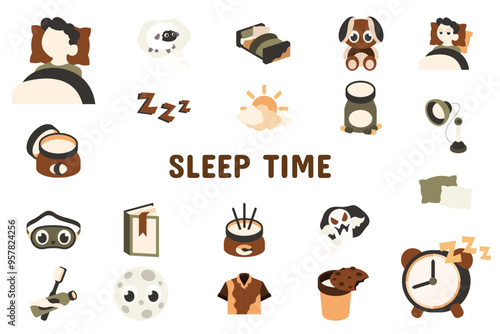 Sleep Time Flat Vector Illustration Icon Sticker Set Design Materials
