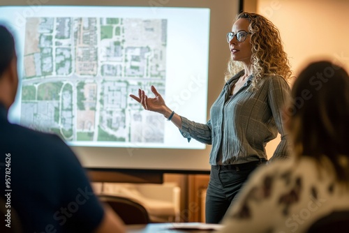 A female urban planner presenting a new development project to the city council. She’s using a projector to show plans