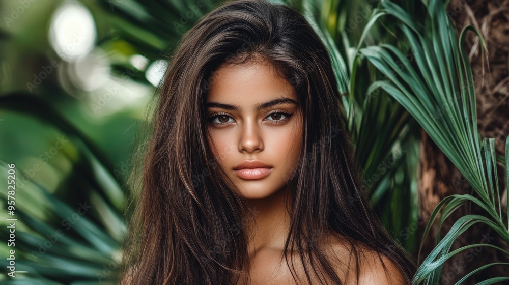 Serene Beauty In Natural Setting: Young Woman Amongst Lush Greenery Serene Beauty In Natural Setting: Young Woman Amongst Lush Greenery