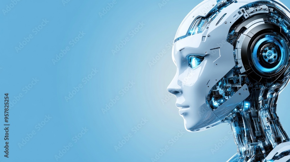 Futuristic Female AI Robot Head with Advanced Technology Features Futuristic Female AI Robot Head with Advanced Technology Features
