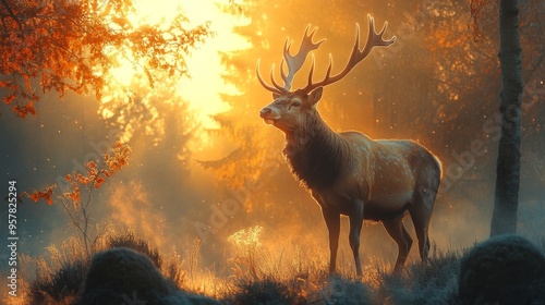 Wallpaper Mural A graceful stag stands in a foggy morning forest, with sunlight streaming through the trees. This image highlights the detailed antlers and strong posture, evoking the grace and beauty of nature. Torontodigital.ca