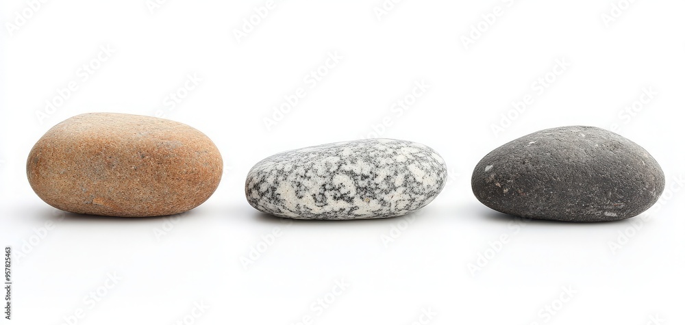 Three smooth stones showcasing a natural color gradient against a clean white background, perfect for minimalist decor or nature themes. Three smooth stones showcasing a natural color gradient against a clean white background, perfect for minimalist decor or nature themes.