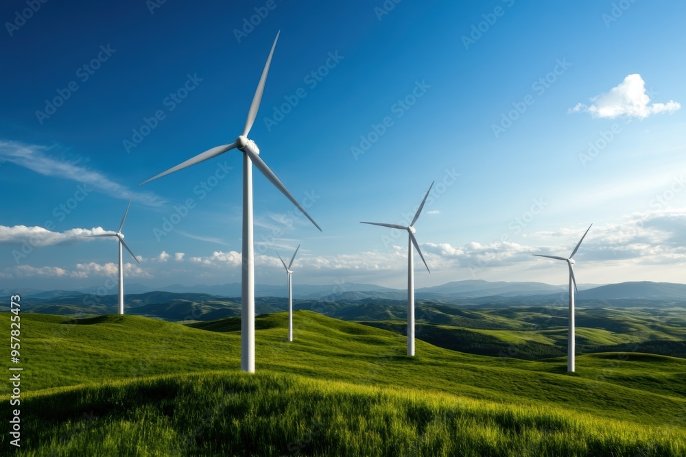 A scenic view of wind turbines on green hills under a clear blue sky, symbolizing renewable energy and sustainability. A scenic view of wind turbines on green hills under a clear blue sky, symbolizing renewable energy and sustainability.