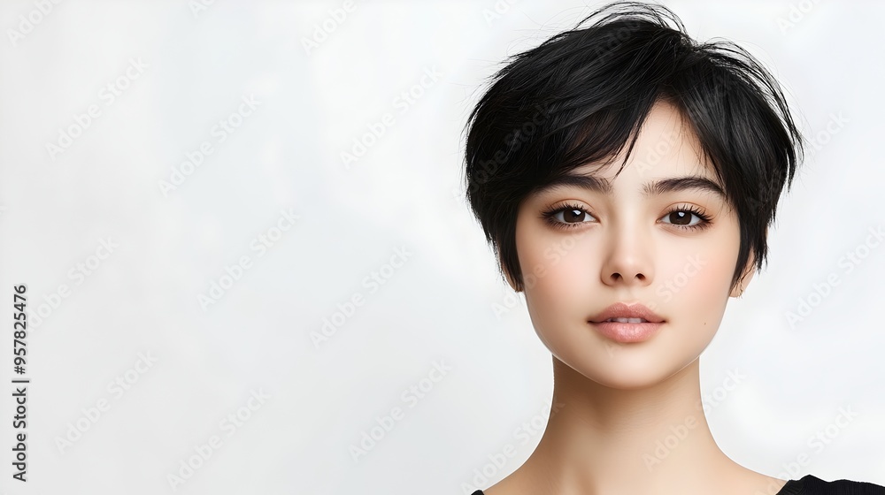 Confident and Stylish Asian Woman with Edgy Pixie Haircut Posing Against White Background Confident and Stylish Asian Woman with Edgy Pixie Haircut Posing Against White Background