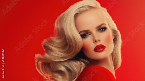 Glamorous Blonde Woman with Red Lips on Vivid Background