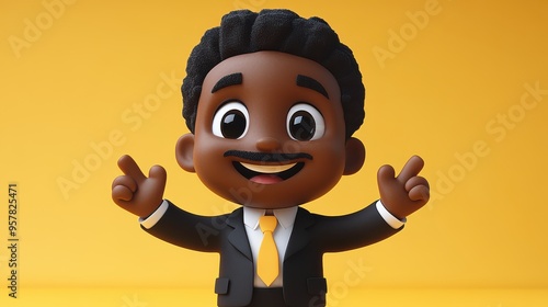 3D render of an African cartoon character with black skin counting from one to five, showing fingers. Business clip art set isolated on a yellow background. photo