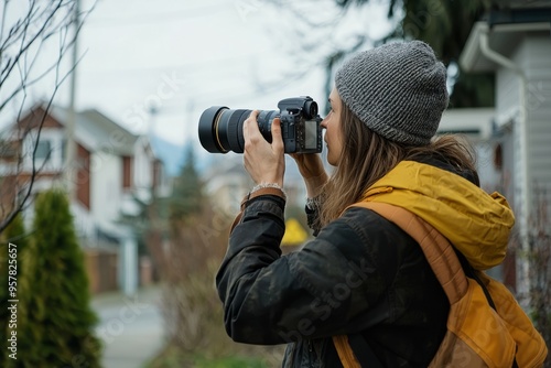 A female urban planner surveying a neighborhood with a digital camera. She’s documenting existing conditions