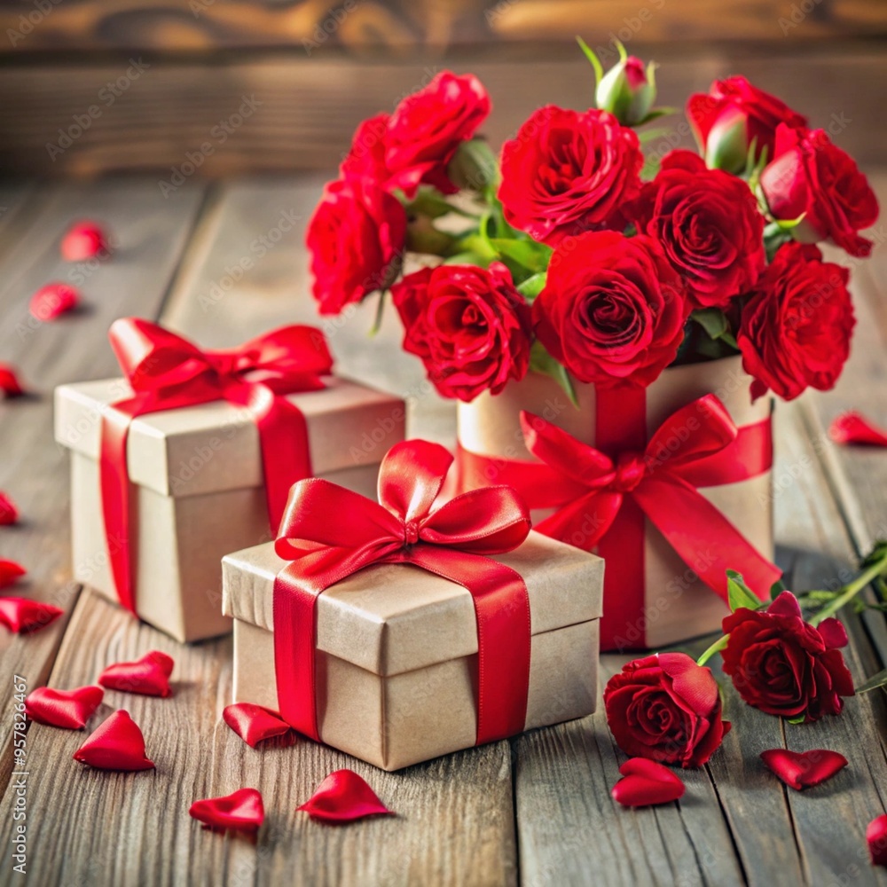 red roses and gift box on wooden background red roses and gift box on wooden background