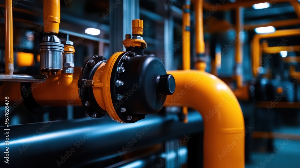 Close-up of an industrial pipe system with valves and bright orange pipes, emphasizing engineering and mechanical design. Close-up of an industrial pipe system with valves and bright orange pipes, emphasizing engineering and mechanical design.