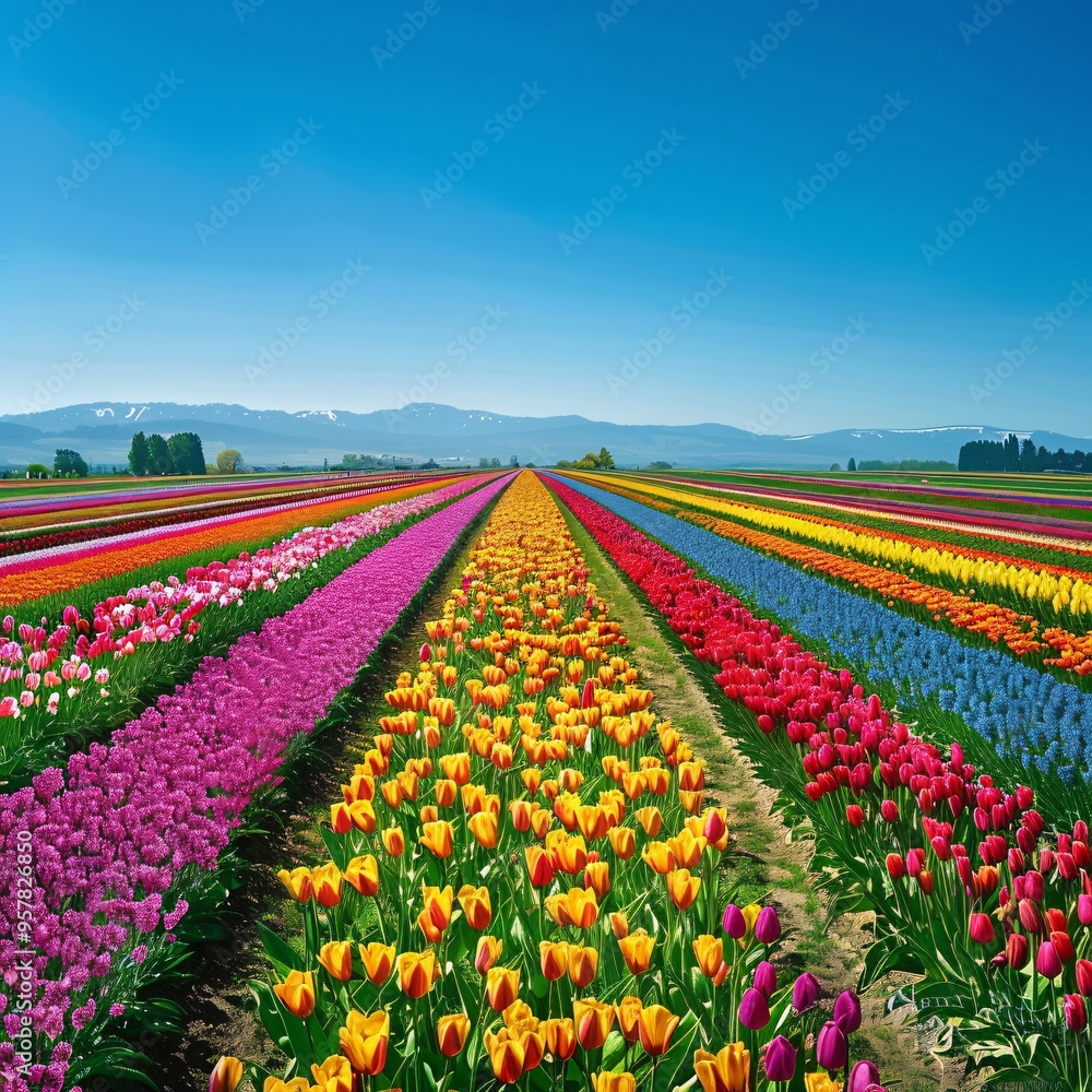 07240954 301. Expansive field with rows of vibrant blooming tulips in various colors, stretching towards the horizon under a clear blue sky, creating a dreamy and picturesque landscape 07240954 301. Expansive field with rows of vibrant blooming tulips in various colors, stretching towards the horizon under a clear blue sky, creating a dreamy and picturesque landscape