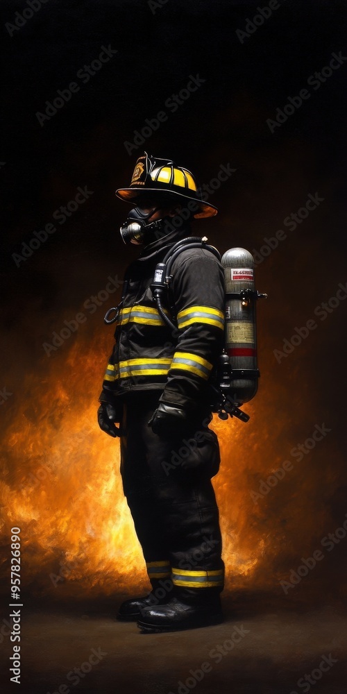 Naklejka premium A brave firefighter stands in full gear against a backdrop of flames, representing courage, readiness, and heroism in emergency situations.