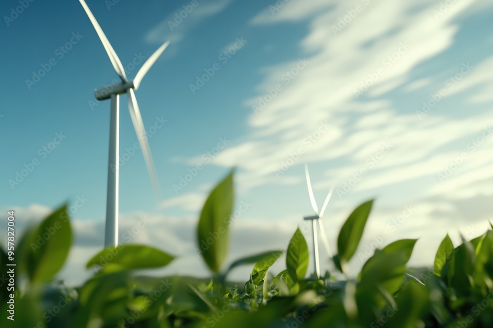 Wind turbines stand tall above green leaves under a clear blue sky ...