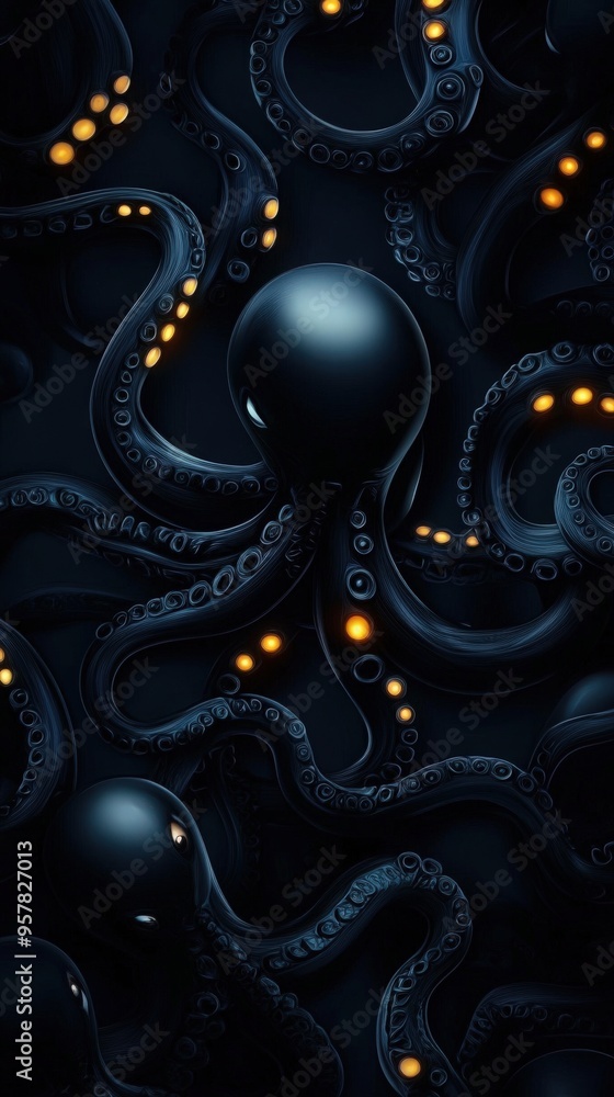 Fototapeta premium A captivating underwater scene featuring intricate octopus tentacles against a dark background, illuminated by soft glowing lights.