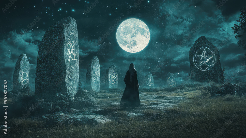 A mesmerizing scene of a witch before a stone circle, where the moonlight highlights glowing magical symbols. A mesmerizing scene of a witch before a stone circle, where the moonlight highlights glowing magical symbols.