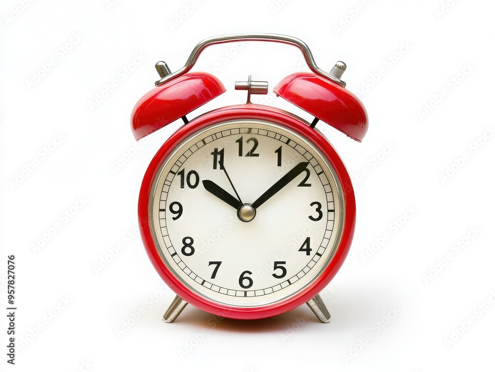 A classic red alarm clock with a white face, showcasing bold black numbers and a vintage design, perfect for home decor. A classic red alarm clock with a white face, showcasing bold black numbers and a vintage design, perfect for home decor.