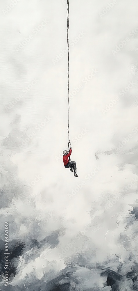 A climber suspended high above the clouds, illustrating the thrill and breathtaking beauty of extreme adventure sports. A climber suspended high above the clouds, illustrating the thrill and breathtaking beauty of extreme adventure sports.