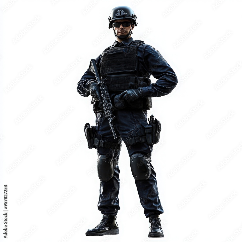 A confident armed security officer stands ready, showcasing a tactical uniform and equipment for law enforcement scenarios. A confident armed security officer stands ready, showcasing a tactical uniform and equipment for law enforcement scenarios.